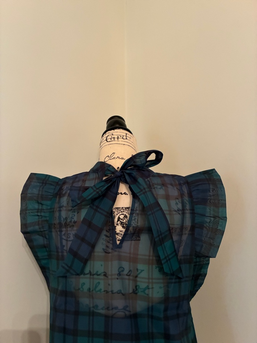 LOFT Sheer Plaid Ruffle Sleeve Top in Navy and Green - Picture 9 of 14